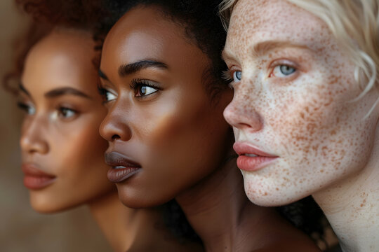 A closeup shot of a female diverse group, makeup-free, facing away from the camera, showcasing natural skin with realistic tones, spots, freckles, and wrinkles against a plain background 