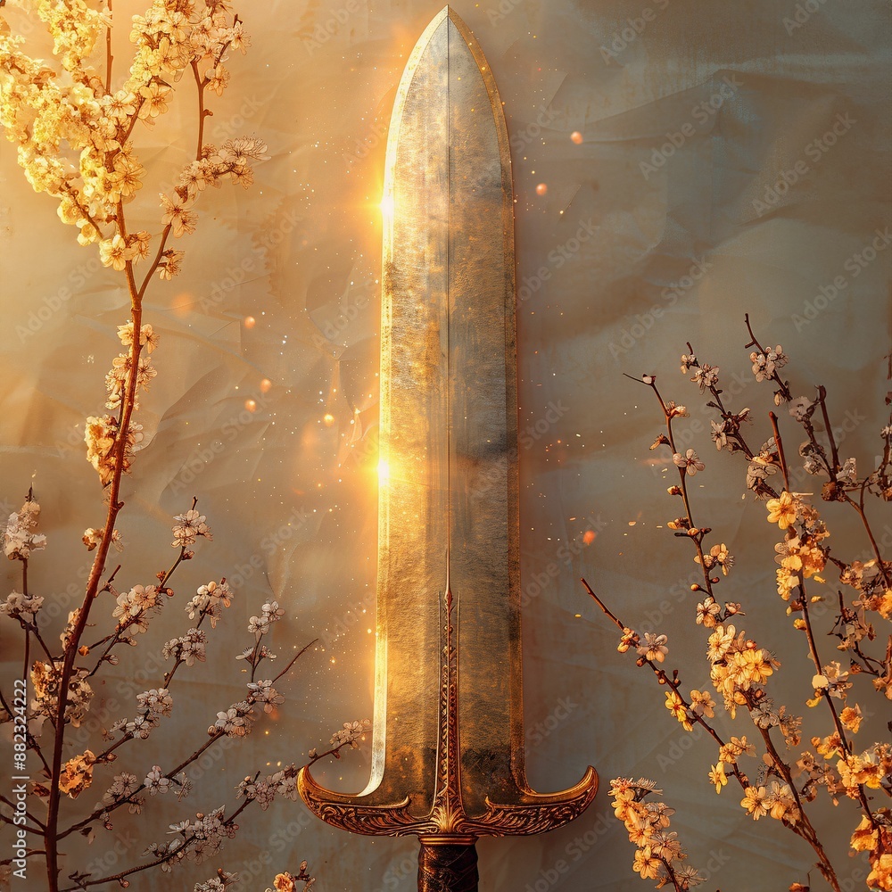 Poster fields and shields: battles and blooms - a sword with a light shining on it