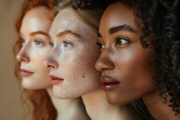 Obraz premium A closeup shot of a female diverse group, makeup-free, facing away from the camera, showcasing natural skin with realistic tones, spots, freckles, and wrinkles against a plain background 