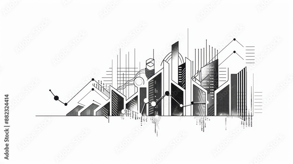 Aufkleber abstract cityscape with lines and graphs - a digital illustration of a city skyline with abstract li