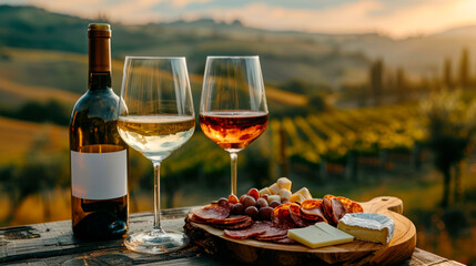 Wine, charcuterie and cheese served on rustic table, rolling hills with vineyards in the background