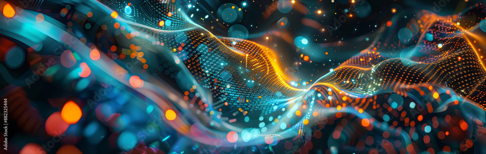 Poster abstract digital wave with glowing particles - an abstract digital artwork with a wavy shape, made u