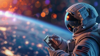 Fototapeta premium A man in a spacesuit is looking at a tablet