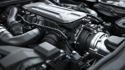 Engine Detail - Close-up of a powerful car engine, showcasing its intricate mechanical details. - Close-up of a powerful car engine, showcasing its intricate mechanical details.