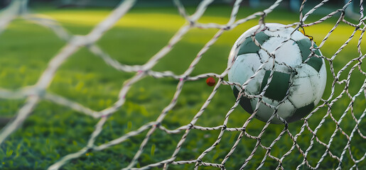 Naklejka premium soccer ball in goal with green backgroung