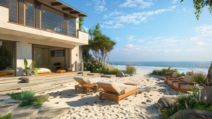 Obraz premium Beachfront house with a stunning backyard featuring a sandy lounge area and ocean views.