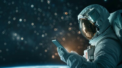 Naklejka premium A man in a spacesuit is looking at a cell phone