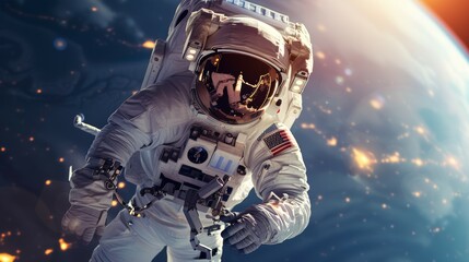 A man in a spacesuit is floating in space