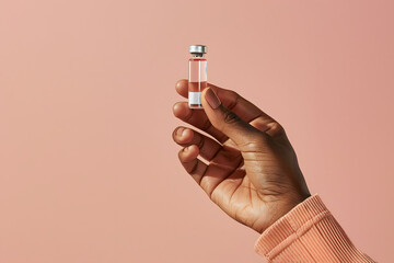 A hand holding a vial on a plain light background