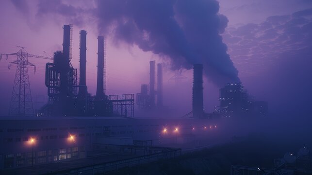Industrial Sunset - A silhouette of a factory with tall chimneys releasing smoke into a purple and pink sunset sky. - A silhouette of a factory with tall chimneys releasing smoke into a purple and pin