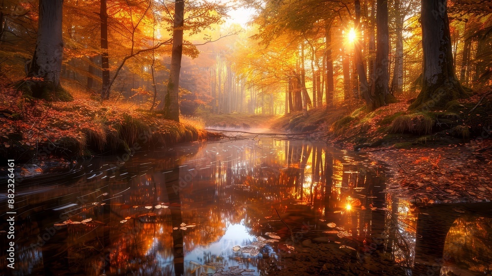 Poster autumnal stream in the misty forest - a tranquil stream flows through a forest bathed in the warm gl