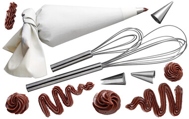 Pastrie collection of piping bag, whisk and icing swirls - Ready to use Premium PNG Cutout Isolated image