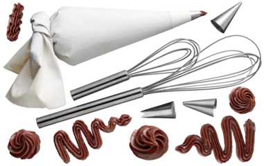 Pastrie collection of piping bag, whisk and icing swirls - Ready to use Premium PNG Cutout Isolated image
