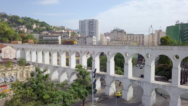 Aerial view of the Lapa Arches in Rio de Janeiro with a tram passing by