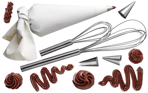 Pastrie collection of piping bag, whisk and icing swirls - Ready to use Premium PNG Cutout Isolated image
