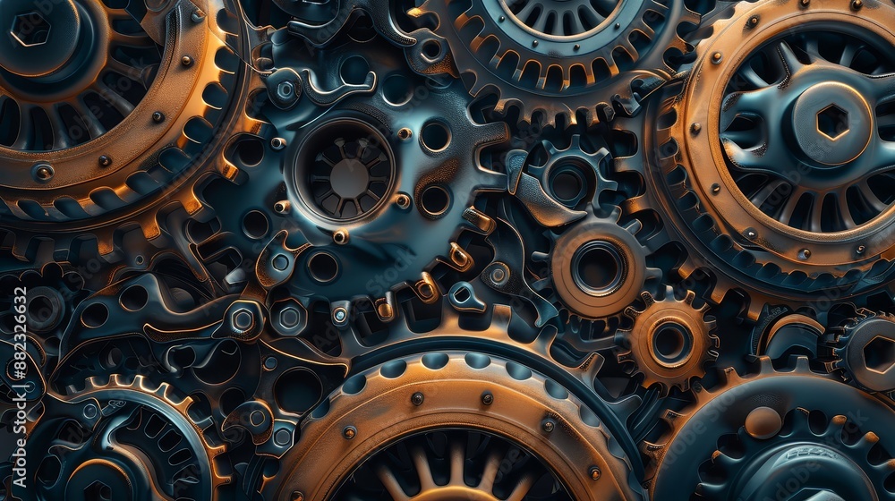 Poster intricate gears - a close-up view of a complex gear system, showcasing the intricate design and engi