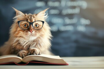 A cat wearing glasses is sitting on top of an open book