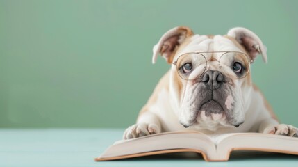 A dog is wearing glasses and is laying on top of an open book