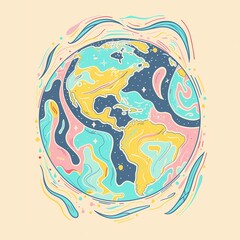 Fototapeta premium A clipart of groovy icon planet earth in pastel colors on a white background, 70s style retro design with bright primary color accents and playful shapes - A colorful planet with different continents