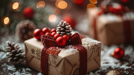 Christmas gift with red ribbon and pinecone on a festive background, perfect for holiday celebration themes and seasonal decor inspiration.
