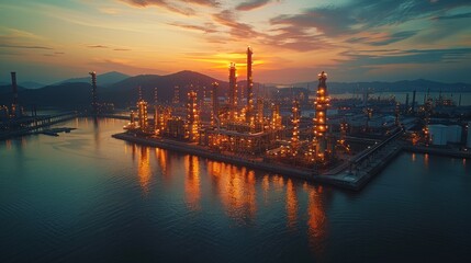 Fototapeta premium Aerial View of Oil Refinery at Sunset