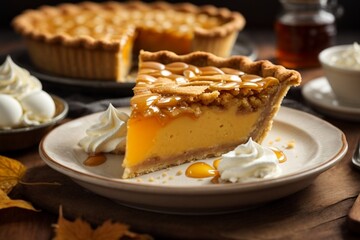 Maple Syrup Pie: A dessert pie made with a filling of maple syrup, eggs, and butter, often served with whipped cream.

