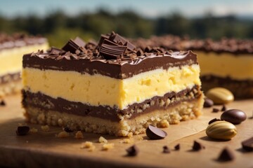 Nanaimo Bar: A layered dessert bar consisting of a crumbly base, custard-flavored middle, and a chocolate topping.

