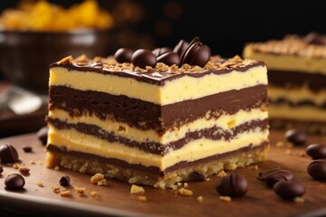 Nanaimo Bar: A layered dessert bar consisting of a crumbly base, custard-flavored middle, and a chocolate topping.

