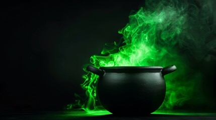 A black cauldron with green smoke and flames rising from it against a dark background.