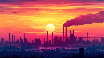 Fototapeta premium Industrial Sunset - A silhouette of an industrial cityscape against a vibrant sunset sky, highlighting the contrast between human development and natural beauty. - A silhouette of an industrial citysc