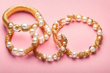 Fototapeta premium Top view of golden and pearl bracelets on pink and white background with copy space.