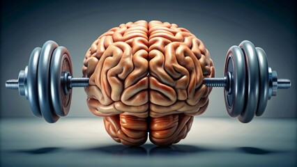 A giant brain, surrounded by dumbbells and weights, stretches muscles, symbolizing intellectual growth and mental strength through learning and dedication.