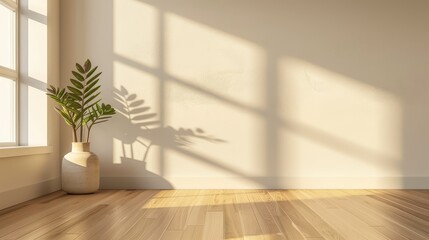 Fototapeta premium Minimalist Interior Design with Sunlight Streaming Through Window - A minimalist interior design with a single plant in a vase, sunlight streaming through the window, casting a warm glow on the wooden