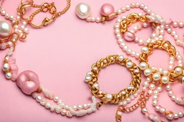 Obraz premium Top view of golden and pearl bracelets on pink and white background with copy space.