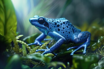 Fototapeta premium Vibrant Blue Poison Dart Frog in Lush Foliage