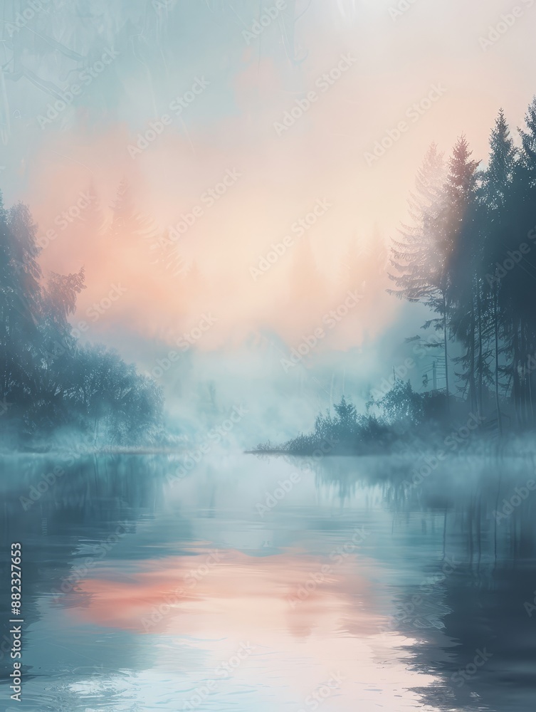 Poster misty lake serenity - a serene lake shrouded in mist, the reflection of the sky and trees creating a