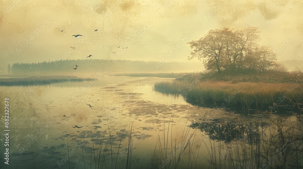 Poster misty lake with birds - a scenic image of a calm lake with birds flying over it in a misty atmospher