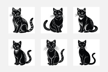 Set of cats silhouettes isolated on white background, vector illustration