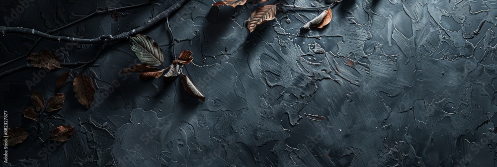Poster Autumn Leaves on Dark Background - A branch with dry leaves lays on dark textured background, creating a simple autumnal scene. - A branch with dry leaves lays on dark textured background, creating a 