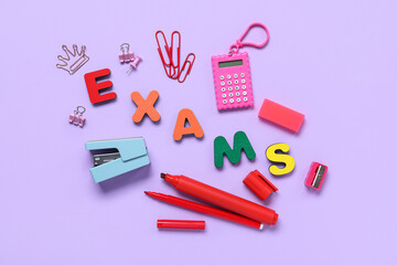 Composition with word EXAMS made of colorful letters and stationery on lilac background