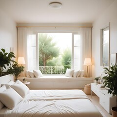 Serene white alabaster bedroom with soft lighting, a cozy reading nook, and a balcony overlooking a garden, centered composition