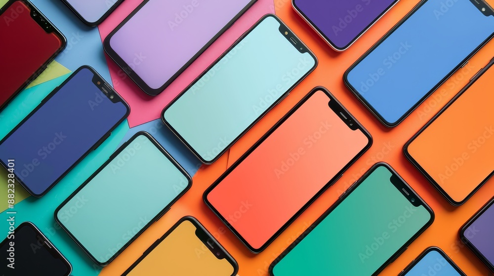 Poster colorful mobile phones mockup - an assortment of mobile phones with different colored screens arrang