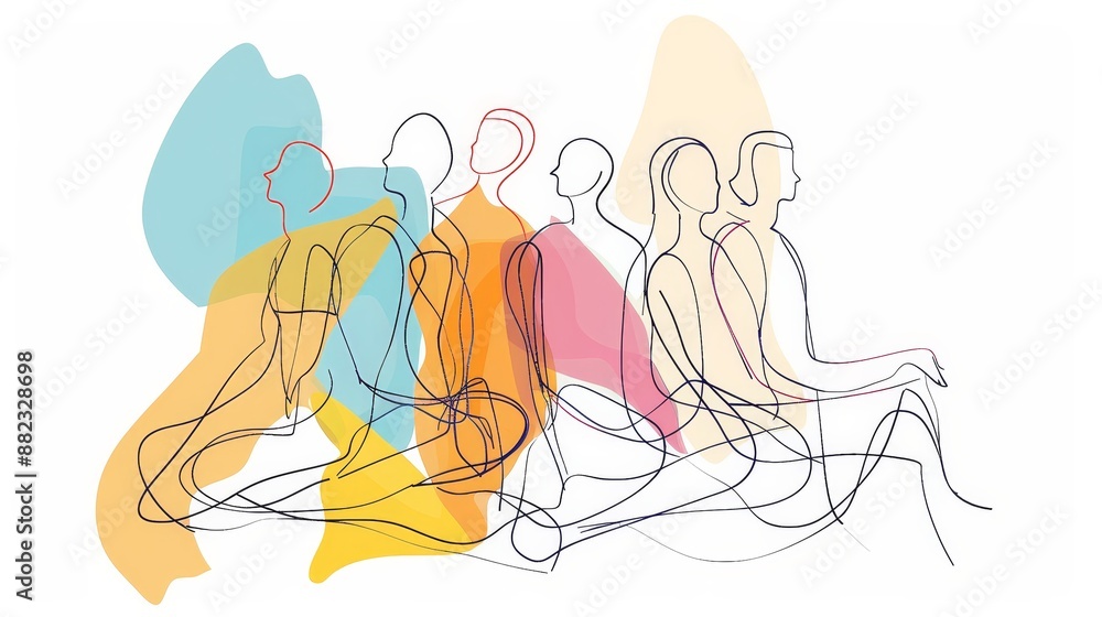 Poster line drawing of people in sitting positions with colorful background - a minimalist line drawing of 