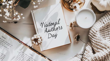 National Authors Day celebration scene with a book, candle, flowers, and cozy blanket. Perfect for social media posts, blog headers, and festive content.