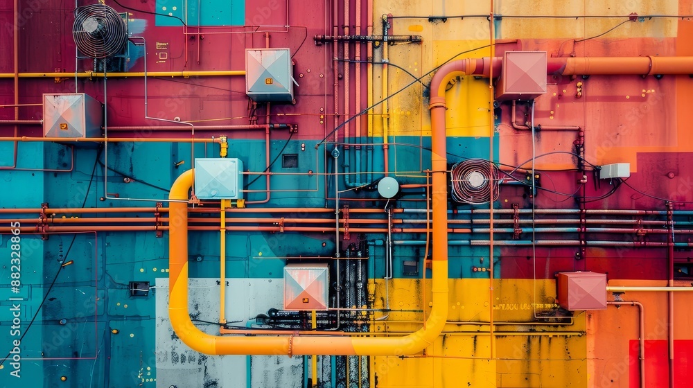 Poster abstract industrial piping and colorful walls - an overhead view of abstract industrial piping and c