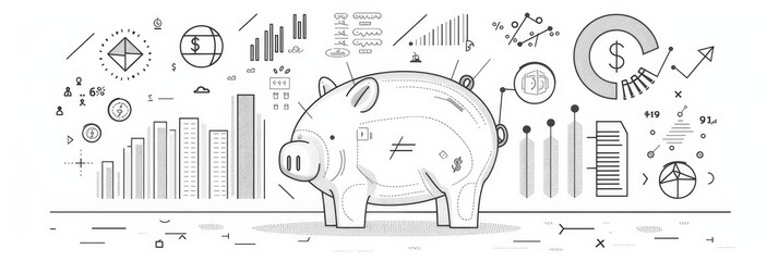 Financial Growth and Savings Piggy Bank Concept - A black and white illustration of a piggy bank surrounded by financial charts and graphs, representing financial growth and savings. - A black and whi