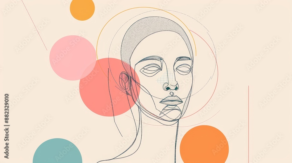 Poster abstract line art portrait with geometric shapes - a minimalist line art portrait of a woman's face 