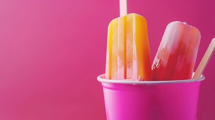 Ice popsicle ice cream in the bucket on magenta background