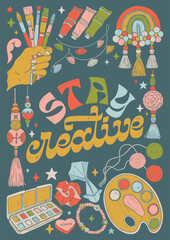 Stay creative - colorful hand written lettering with school supplies decorative elements. Vector linocut style textured illustration for school, university.