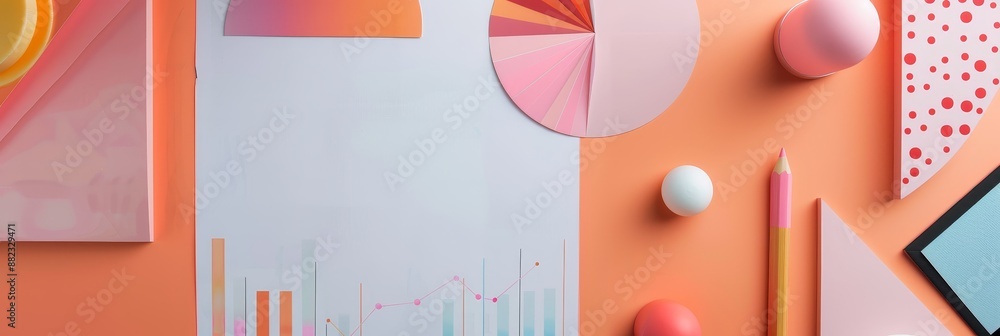 Poster colorful geometric shapes and charts on a peach background - a flat lay photo featuring various geom
